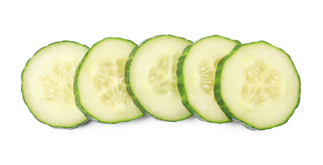 Slices of fresh cucumber isolated on white, top view