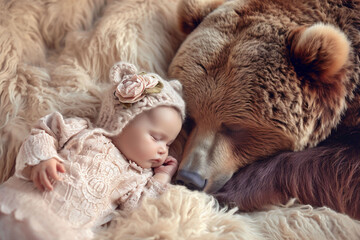 An infant nestled in a lace outfit lies next to a slumbering bear on a furry backdrop. The mood is whimsical and tender, ideal for illustrating fairy tales or nurturing concepts.