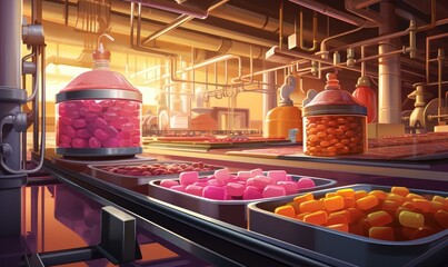 A vibrant confectionery factory where creativity and quality merge to produce candies, gums, and chocolates. Generative AI. - obrazy, fototapety, plakaty