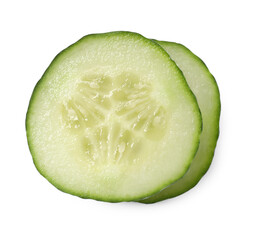 Slices of fresh cucumber isolated on white, top view