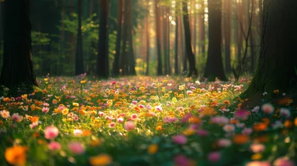 Foto auf Acrylglas Spring field of flowers in the middle of a forest © Nikodem