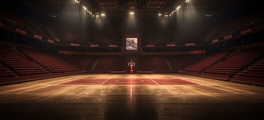 An empty basketball court illuminated by a spotlight, awaiting the roar of the crowd. Generative AI.