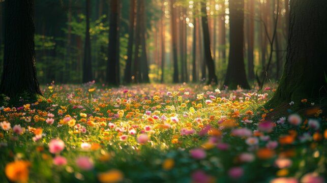 Spring field of flowers in the middle of a forest