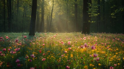 Obraz premium Spring field of flowers in the middle of a forest