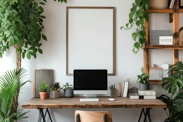 an empty frame hanging on a wooden top desk