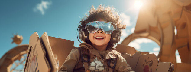 The child pretends that he is an aviator or a pilot on an airplane in the sky. Childhood dreams - obrazy, fototapety, plakaty