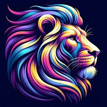 The image depicts a vibrant, multicolored portrait of a lion's head with a flowing mane, rendered in a stylized, almost neon, gradient against a dark blue background.