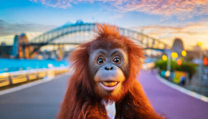 sweet funny cute smiling face baby orang-utan with big eyes punk hair style on footpath on Sydney footpath harbour bridge