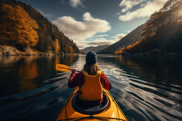 A person kayaking in a serene lake, showcasing adventure and connection with nature. Generative Ai.