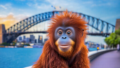 sweet funny cute smiling face baby orang-utan with big eyes punk hair style on footpath on Sydney...
