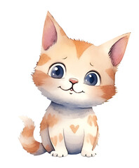 Fototapeta premium Watercolor illustration of a cute cartoon cat. Kitten, Pet, Baby animals. Simple, naive style. Transparent background, png