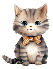 Watercolor illustration of a cute cartoon cat. Kitten, Pet, Baby animals. Simple, naive style. Transparent background, png