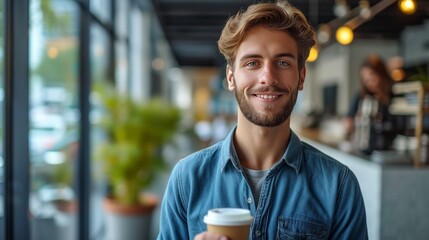 A young handsome businessman is holding a paper glass of coffee in his hands