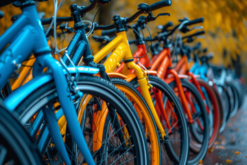 Fototapeta na wymiar Rows of colorful bicycles parked neatly, symbolizing the eco-friendly trend of bike commuting in urban environments. Concept of sustainable transportation. Generative Ai.