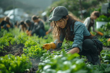 A diverse group of people engaged in a community garden, symbolizing the collaborative effort towards sustainable living. Concept of urban gardening. Generative Ai.