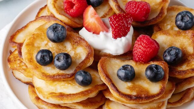 Homemade mini pancakes with blueberries, strawberries and raspberries. High quality 4k footage