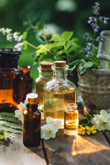 Herbal essential oil in old vintage apothecary glass bottles. Alternative medicine, skin care, aromatherapy and natural organic ingredients for medicine, pharmacy, fragrance production, cosmetology