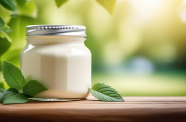 Natural homemade yogurt in a glass jar on a neutral background