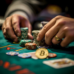 Pokerspieler beim Setzen von Pokerchips und Bitcoins, 2