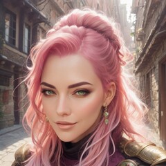 Detailed digital portrait of an elegant woman with pastel pink hair and green eyes, adorned with gold and floral accessories.

