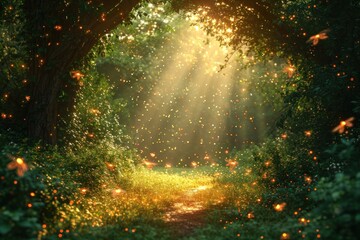 The magic of the sun's rays penetrates the magical grove, giving everything around a mysterious and magical look - obrazy, fototapety, plakaty