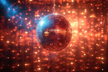 Mirror disco ball in bokeh lights. Swirls of bright lights are radiantly reflected on its smooth surface.
