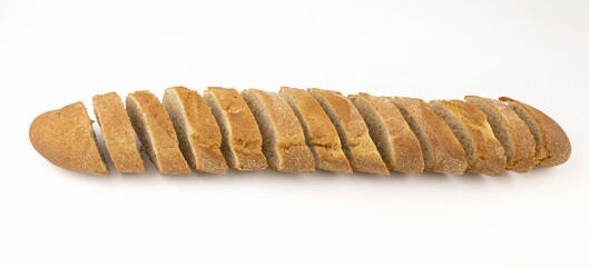 French baguette cut into pieces. Slices of bread are isolated on a white background. Bakery concept, design element.