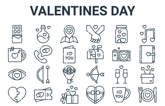 linear pack of valentines day line icons. linear vector icons set such as romantic dinner, jigsaw, photo camera, jar, location. vector illustration.