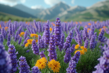 Obraz premium A field of lavender in full bloom, releasing its soothing fragrance into the air and evoking a sense of calm and relaxation. Concept of aromatic tranquility. Generative Ai.