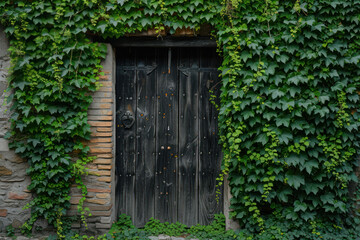 Old wooden door in the wall covered with green ivy