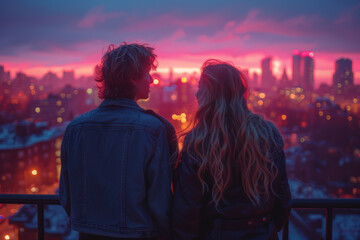 A couple capturing a spontaneous moment with a selfie on a city rooftop, expressing the romance of urban exploration. Concept of city love. Generative Ai.