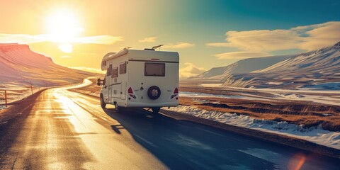 A motor home traveling on road during a beautiful sunny day in winter