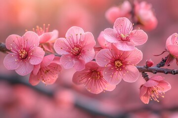 Close-up of cherry blossom branches, splendor of rose petals of spring blossom