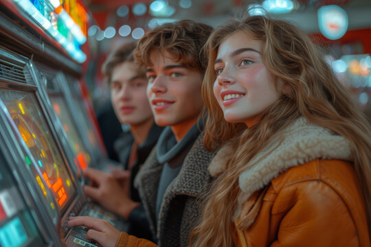 A group of friends gathered around a vintage jukebox, selecting classic records and immersing themselves in the nostalgic tunes of the 50s. Concept of retro music appreciation. Generative Ai.