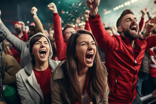 Group of friends cheering for sports team. Fans cheering for their team celebrate the victory at the bar. Group of young people shouting excitedly for the football team.