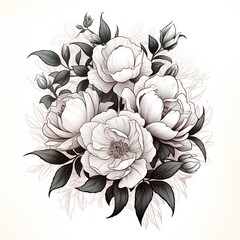 black and white floral illustration tattoo design decorative peonies flowers on white background