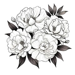 black and white coloring book floral illustration tattoo design decorative peonies flower on white background