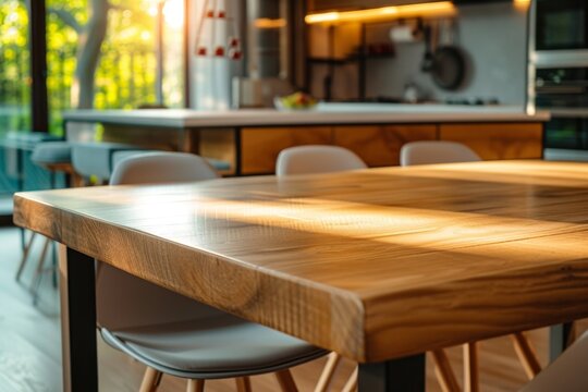 A modern wooden kitchen table, symbolizing a fusion of sustainable living and contemporary home design