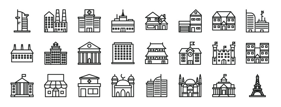 Set Of 24 Outline Web Building Icons Such As , Factory, Hospital, Radio Station, Big House, Small House, Mansion Vector Icons For Report, Presentation, Diagram, Web Design, Mobile App