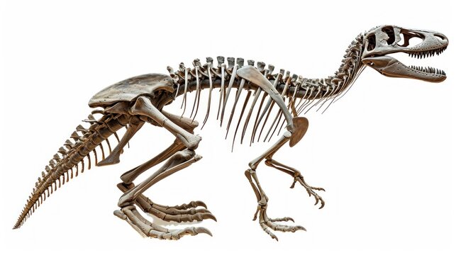 Well preserved skeleton of a dinosaur in good condition on white background in high resolution and quality. fossils concept