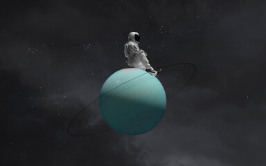 3D illustration of astronaut sitting on Uranus planet. Solar system. High quality digital space art in 5K - realistic visualization © Vadimsadovski