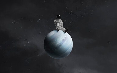 3D illustration of astronaut sitting on Neptune planet. Solar system. High quality digital space art in 5K - realistic visualization © Vadimsadovski