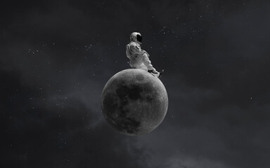 3D illustration of astronaut sitting on Moon. Solar system. High quality digital space art in 5K - realistic visualization © Vadimsadovski