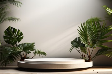 round platform podium with green tropical plants on white background, template for montage or product advertising presentation - obrazy, fototapety, plakaty