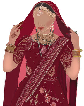 Indian Wedding Bride in traditional Indian Red lehnga, Beautiful Bride illustration for save the date and wedding e-invite.