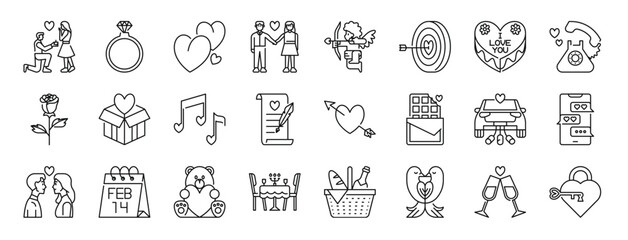 Fototapeta na wymiar set of 24 outline web valentines day icons such as proposal, diamond ring, heart, holding hands, cupid, target, cake vector icons for report, presentation, diagram, web design, mobile app