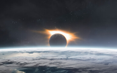 3D illustration of solar eclipse view from Earth planet. High quality digital space art in 5K - realistic visualization © Vadimsadovski