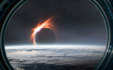 3D illustration of solar eclipse view. High quality digital space art in 5K - realistic visualization © Vadimsadovski