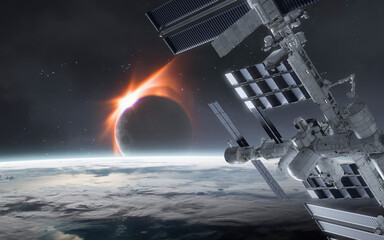 3D illustration of solar eclipse view from Earth planet. High quality digital space art in 5K - realistic visualization © Vadimsadovski