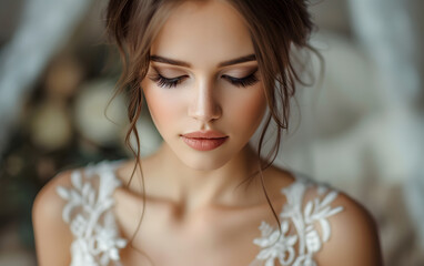 portrait of a beautiful woman in a wedding dress with glamorous makeup 